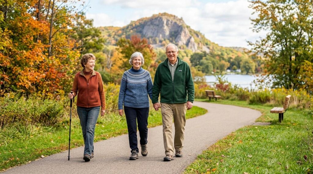 Older adults enjoy a scenic, autumnal walking trail near Sugar Loaf Senior Living in Winona.