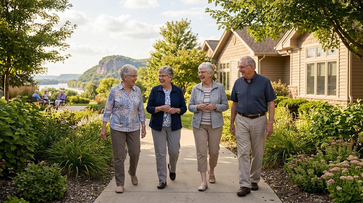 A group of seniors walking together outdoors, enjoying an active and engaging lifestyle at Sugar Loaf Senior Living in Winona.