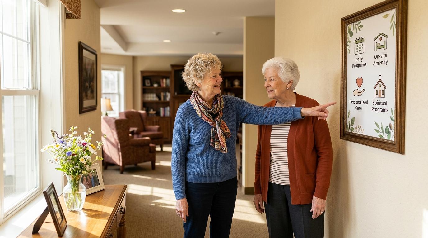 A current senior resident welcomes a new resident with a tour around an assisted living community in Winona, noting key signs of comfort and care.