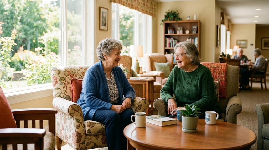A pair of smiling seniors relaxing in a cozy assisted living common area, feeling at home at Sugar Loaf Senior Living in Winona.